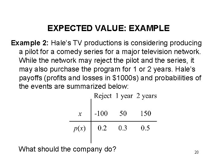 EXPECTED VALUE: EXAMPLE Example 2: Hale’s TV productions is considering producing a pilot for