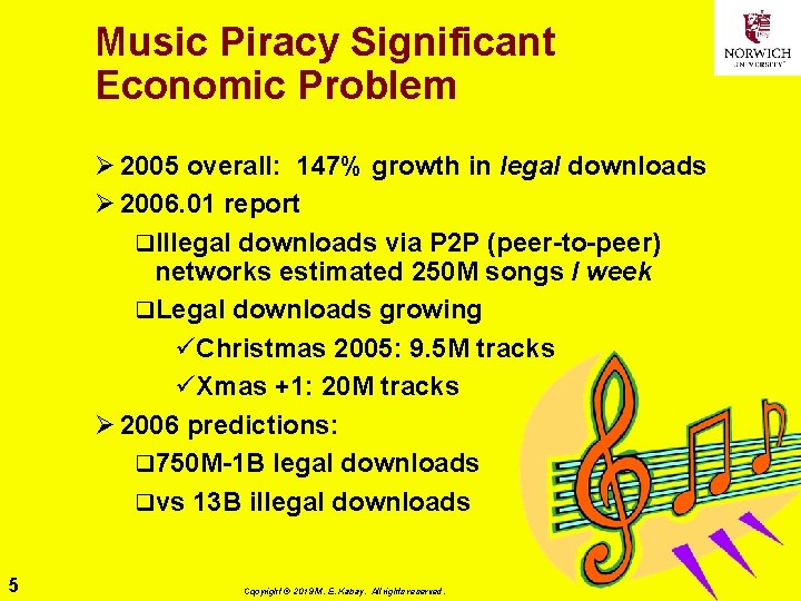 Music Piracy Significant Economic Problem Ø 2005 overall: 147% growth in legal downloads Ø