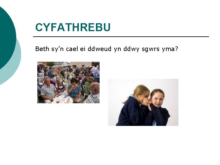 CYFATHREBU Beth sy’n cael ei ddweud yn ddwy sgwrs yma? 