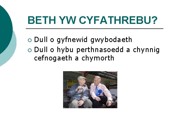 BETH YW CYFATHREBU? Dull o gyfnewid gwybodaeth ¡ Dull o hybu perthnasoedd a chynnig