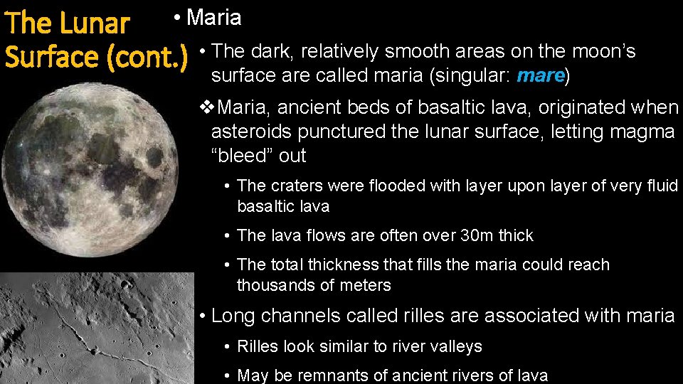 The Lunar • Maria dark, relatively smooth areas on the moon’s Surface (cont. )