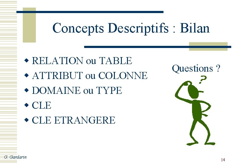Concepts Descriptifs : Bilan w RELATION ou TABLE w ATTRIBUT ou COLONNE w DOMAINE