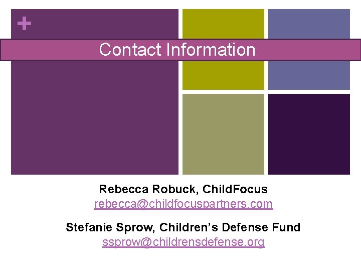 + Contact Information Rebecca Robuck, Child. Focus rebecca@childfocuspartners. com Stefanie Sprow, Children’s Defense Fund