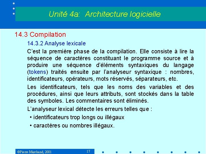 Unité 4 a: Architecture logicielle 14. 3 Compilation 14. 3. 2 Analyse lexicale C’est Unité 4 a: Architecture logicielle 14. 3 Compilation 14. 3. 2 Analyse lexicale C’est