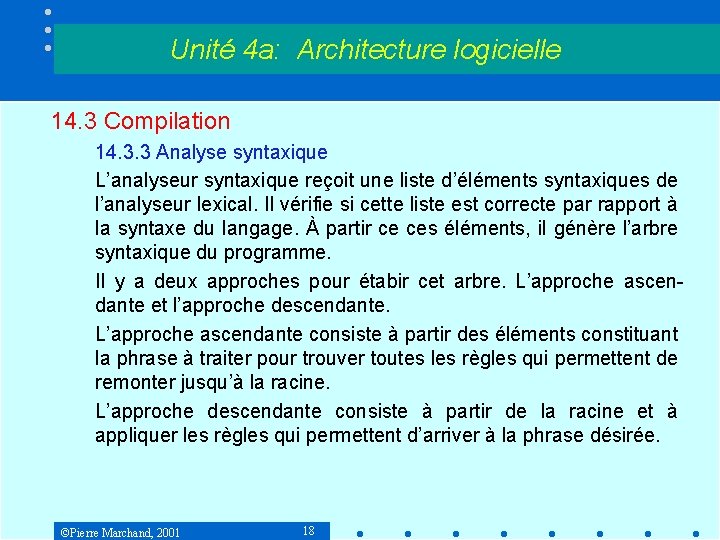 Unité 4 a: Architecture logicielle 14. 3 Compilation 14. 3. 3 Analyse syntaxique L’analyseur Unité 4 a: Architecture logicielle 14. 3 Compilation 14. 3. 3 Analyse syntaxique L’analyseur