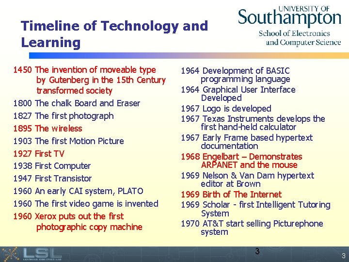 Timeline of Technology and Learning 1450 The invention of moveable type by Gutenberg in