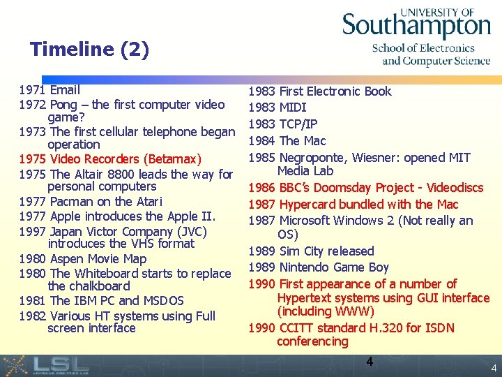 Timeline (2) 1971 Email 1972 Pong – the first computer video game? 1973 The