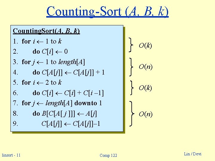 Counting-Sort (A, B, k) Counting. Sort(A, B, k) 1. for i 1 to k