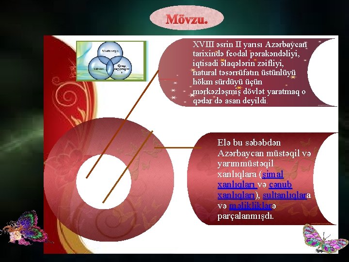 Mövzu. XVIII əsrin II yarısı Azərbaycan tarixində feodal pərakəndəliyi, iqtisadi əlaqələrin zəifliyi, natural təsərrüfatın