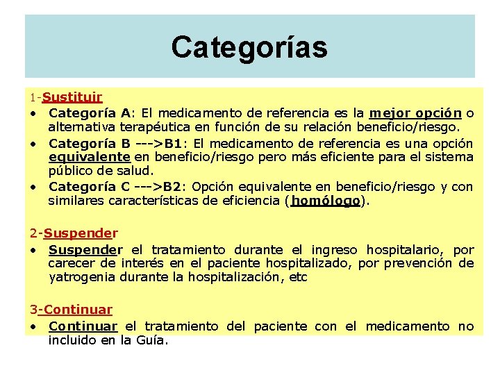 Categorías 1 -Sustituir • Categoría A: El medicamento de referencia es la mejor opción