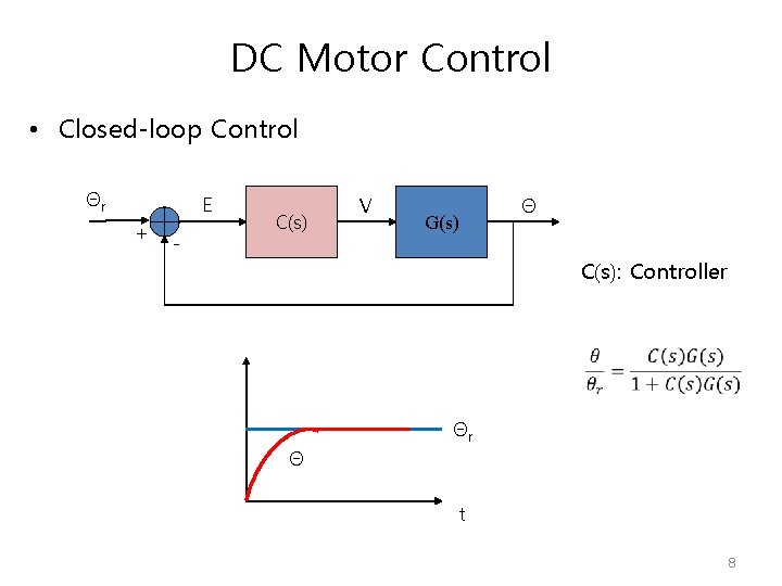 DC Motor Control • Closed-loop Control Θr E + - C(s) V Θ G(s) DC Motor Control • Closed-loop Control Θr E + - C(s) V Θ G(s)