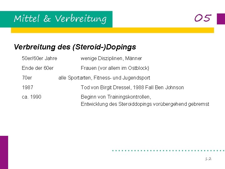 Mittel & Verbreitung 05 Verbreitung des (Steroid-)Dopings 50 er/60 er Jahre wenige Disziplinen, Männer