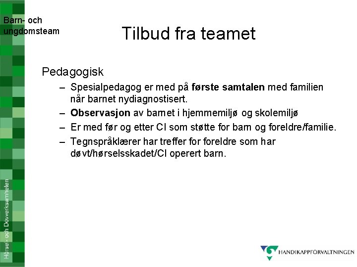 Barn- och ungdomsteam Tilbud fra teamet Pedagogisk – Spesialpedagog er med på første samtalen