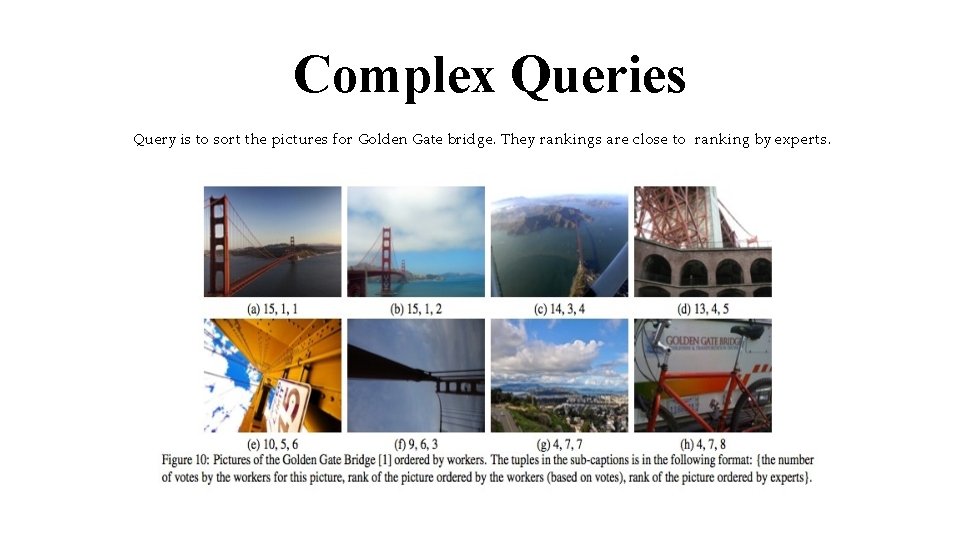 Complex Queries Query is to sort the pictures for Golden Gate bridge. They rankings