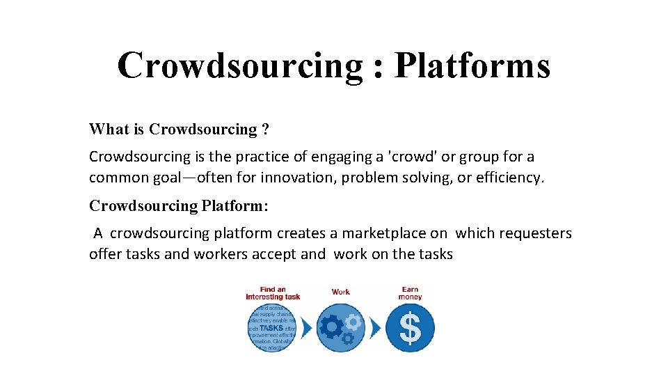 Crowdsourcing : Platforms What is Crowdsourcing ? Crowdsourcing is the practice of engaging a