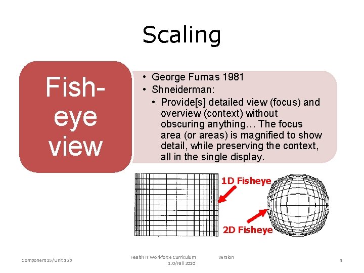 Scaling Fisheye view • George Furnas 1981 • Shneiderman: • Provide[s] detailed view (focus)