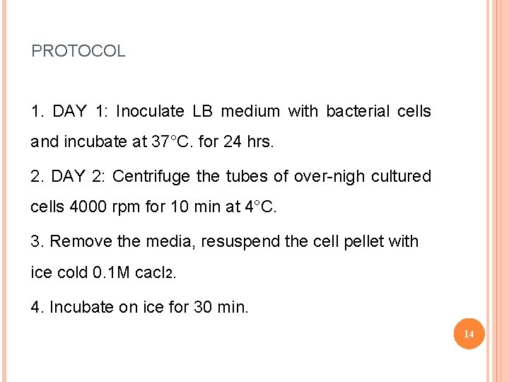 PROTOCOL 1. DAY 1: Inoculate LB medium with bacterial cells and incubate at 37°C.