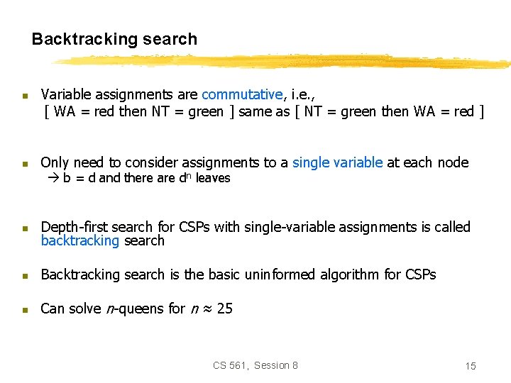 Backtracking search n n Variable assignments are commutative, i. e. , [ WA =