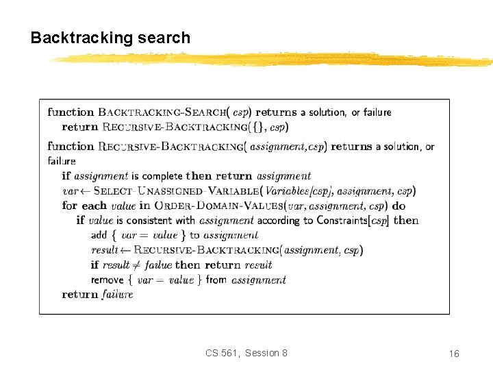 Backtracking search CS 561, Session 8 16 