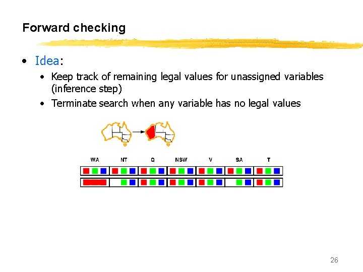 Forward checking • Idea: • Keep track of remaining legal values for unassigned variables