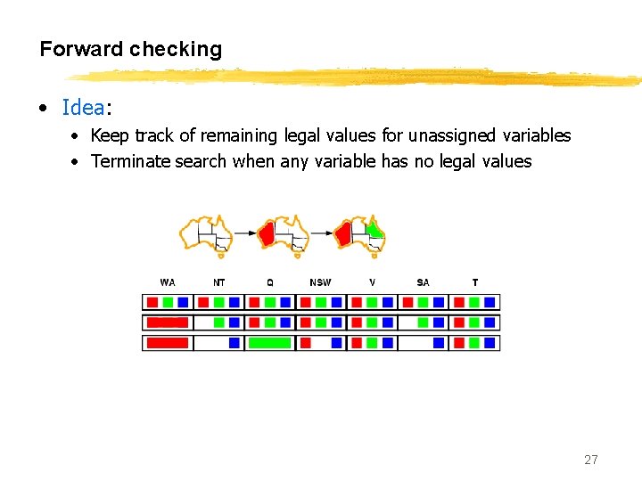 Forward checking • Idea: • Keep track of remaining legal values for unassigned variables