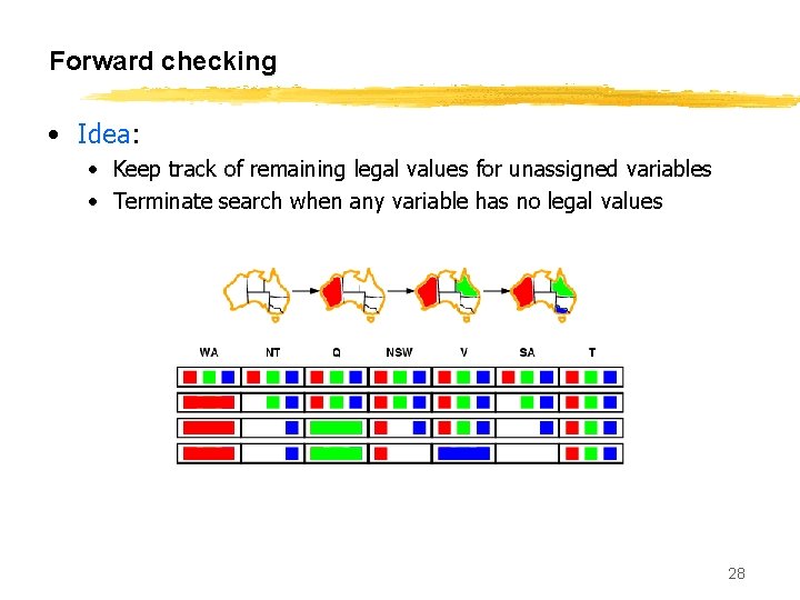 Forward checking • Idea: • Keep track of remaining legal values for unassigned variables