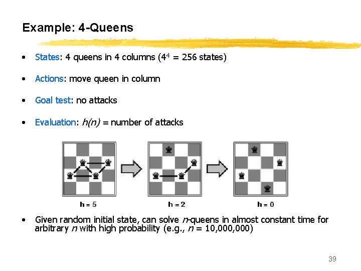 Example: 4 -Queens • States: 4 queens in 4 columns (44 = 256 states)