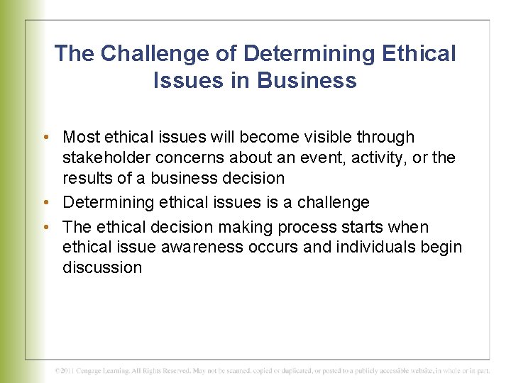 The Challenge of Determining Ethical Issues in Business • Most ethical issues will become