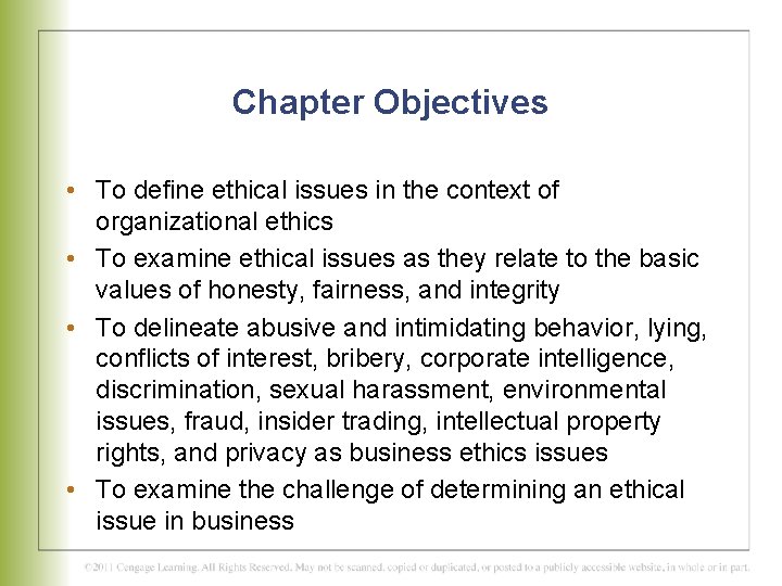 Chapter Objectives • To define ethical issues in the context of organizational ethics •