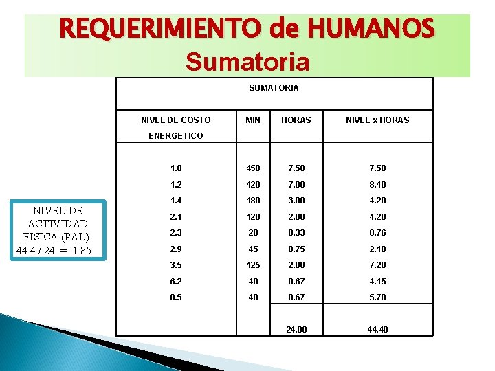 REQUERIMIENTO de HUMANOS Sumatoria SUMATORIA NIVEL DE COSTO MIN HORAS NIVEL x HORAS 1.