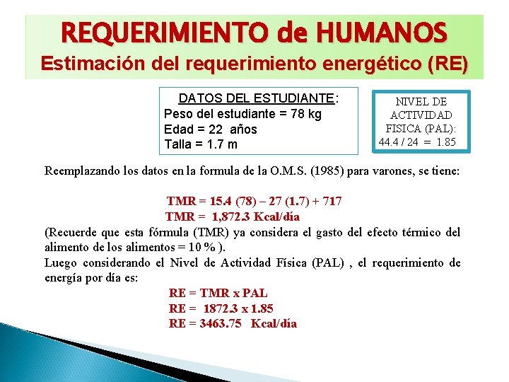 REQUERIMIENTO de HUMANOS Estimación del requerimiento energético (RE) DATOS DEL ESTUDIANTE: Peso del estudiante