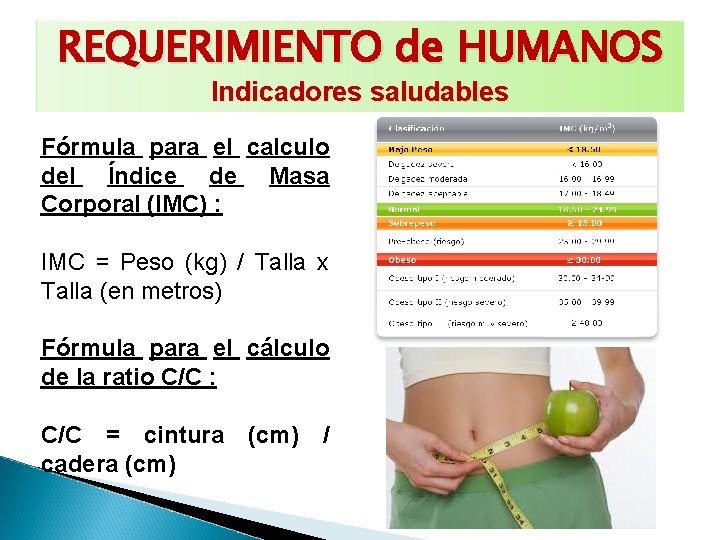 REQUERIMIENTO de HUMANOS Indicadores saludables Fórmula para el calculo del Índice de Masa Corporal