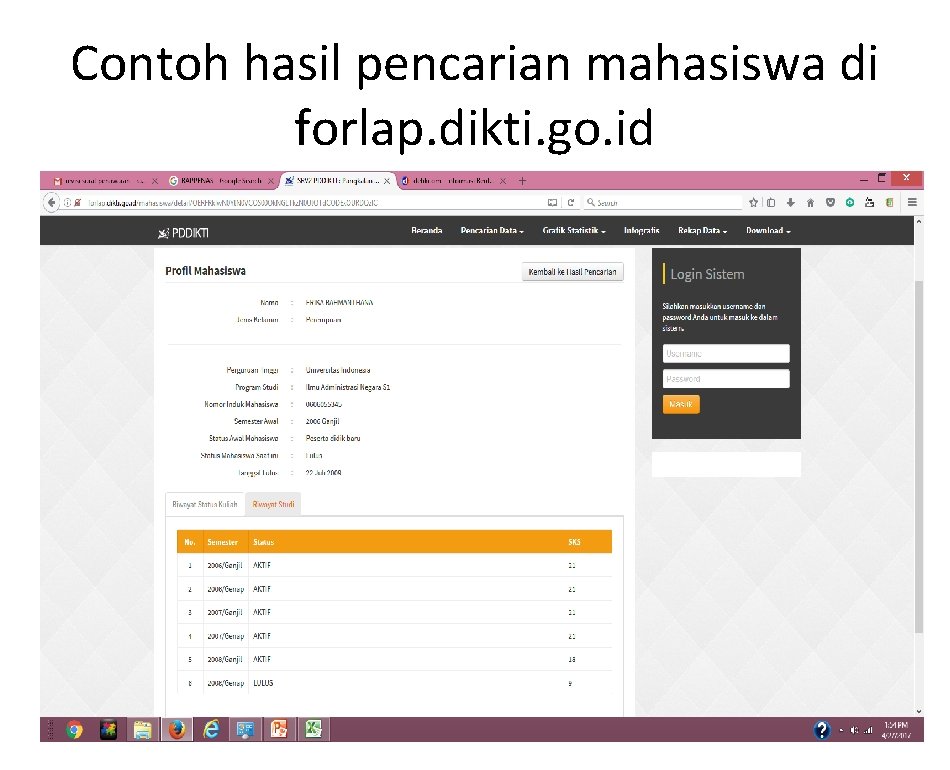 Contoh hasil pencarian mahasiswa di forlap. dikti. go. id 