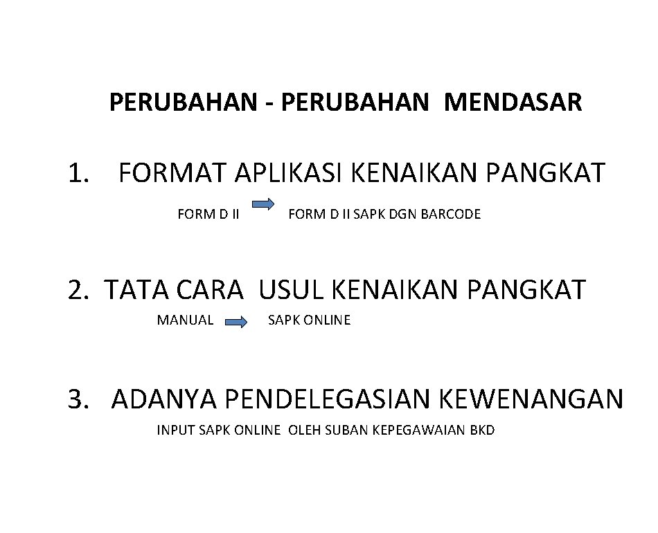 PERUBAHAN - PERUBAHAN MENDASAR 1. FORMAT APLIKASI KENAIKAN PANGKAT FORM D II SAPK DGN