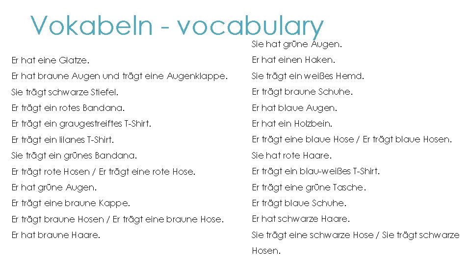 Vokabeln - vocabulary Sie hat grüne Augen. Er hat eine Glatze. Er hat einen