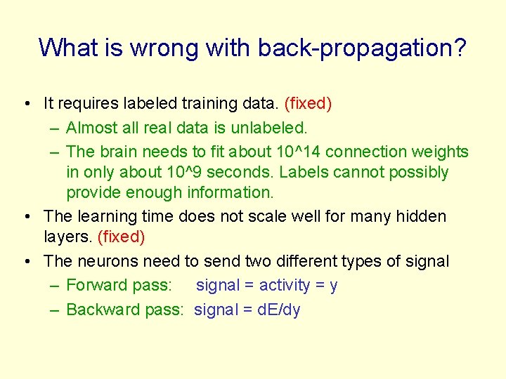 What is wrong with back-propagation? • It requires labeled training data. (fixed) – Almost