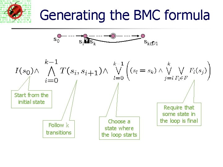 Generating the BMC formula s 0 sl=sk sk-1 Start from the initial state Follow