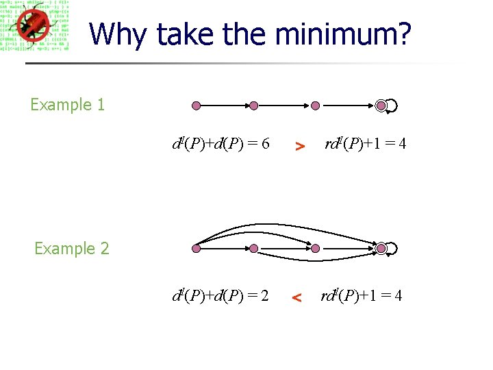 Why take the minimum? Example 1 d. I(P)+d(P) = 6 > d. I(P)+d(P) =