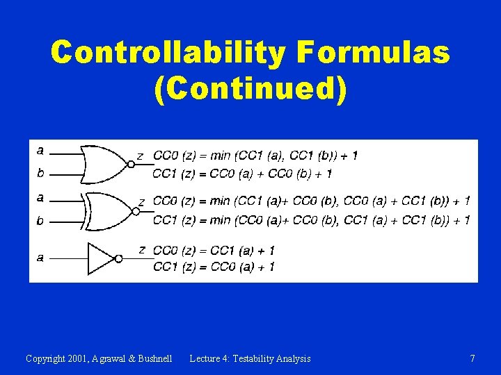 Controllability Formulas (Continued) Copyright 2001, Agrawal & Bushnell Lecture 4: Testability Analysis 7 