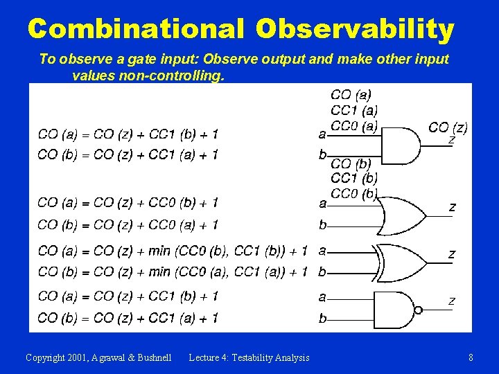 Combinational Observability To observe a gate input: Observe output and make other input values