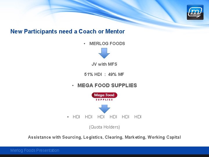 New Participants need a Coach or Mentor • MERLOG FOODS JV with MFS 51%