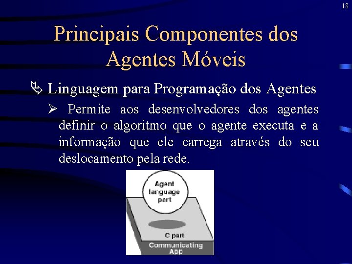 18 Principais Componentes dos Agentes Móveis Ä Linguagem para Programação dos Agentes Ø Permite