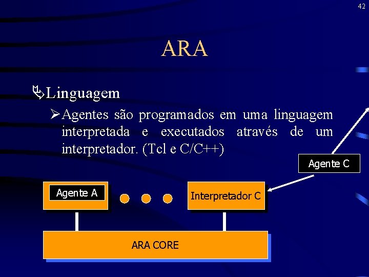 42 ARA ÄLinguagem ØAgentes são programados em uma linguagem interpretada e executados através de
