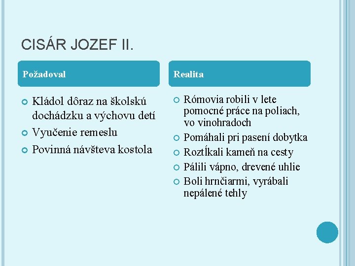 CISÁR JOZEF II. Požadoval Realita Kládol dôraz na školskú dochádzku a výchovu detí Vyučenie