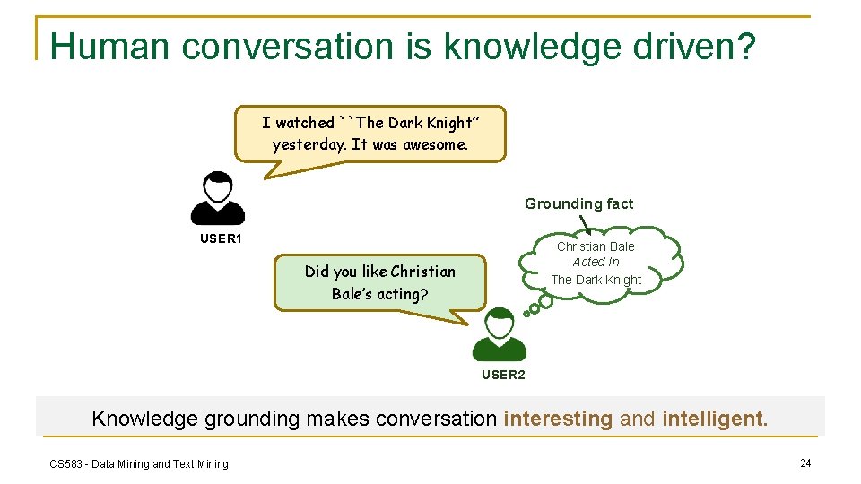 Human conversation is knowledge driven? I watched ``The Dark Knight” yesterday. It was awesome.