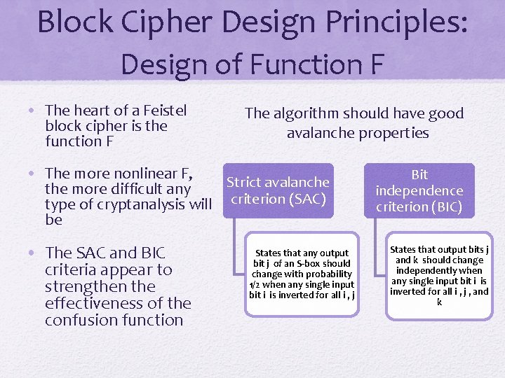 Block Cipher Design Principles: Design of Function F • The heart of a Feistel