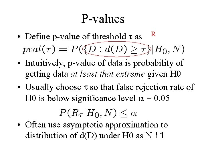 P-values • Define p-value of threshold as R • Intuitively, p-value of data is