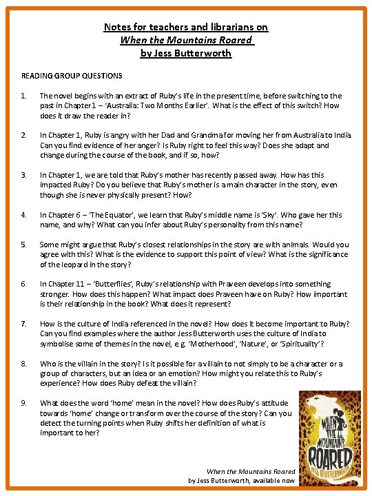Notes for teachers and librarians on When the Mountains Roared by Jess Butterworth READING Notes for teachers and librarians on When the Mountains Roared by Jess Butterworth READING