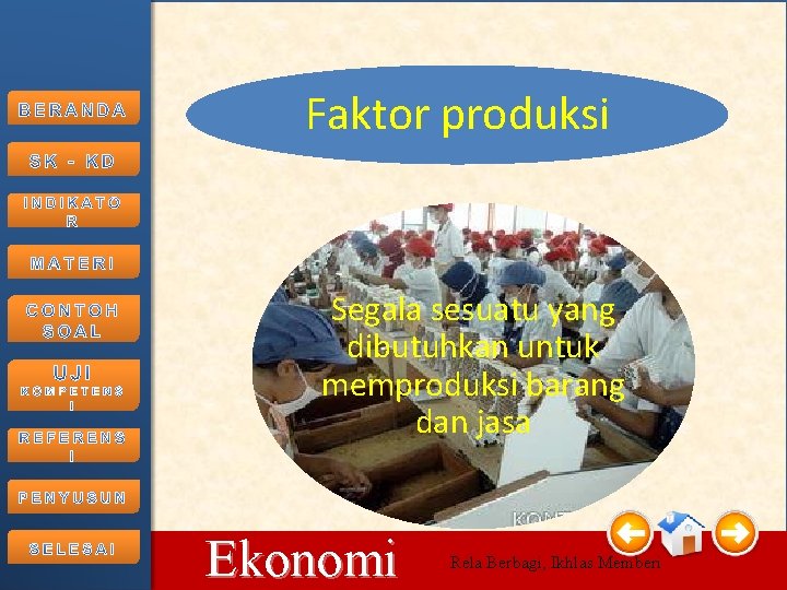 Faktor produksi Segala sesuatu yang dibutuhkan untuk memproduksi barang dan jasa 10/15/2021 Ekonomi Rela