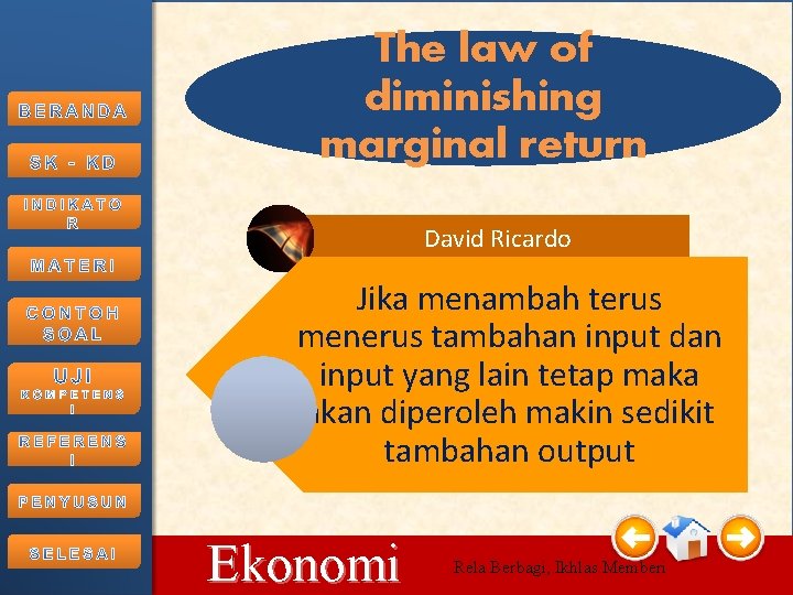 The law of diminishing marginal return David Ricardo Jika menambah terus menerus tambahan input